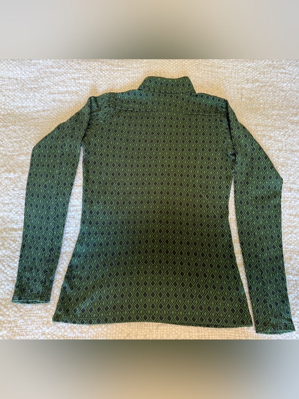 Ibex Jaquard Green Diamond-Pattern Long Sleeve Zip Neck Top. Small - Picture 2 of 7